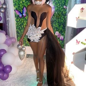 Custom made birthday dress, black & silver with side train